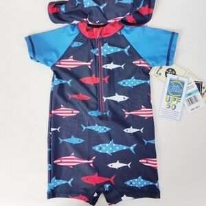 Beetle And Thread 9M Baby Bathing Suit Hat Swim One Piece UPF Shark Americana